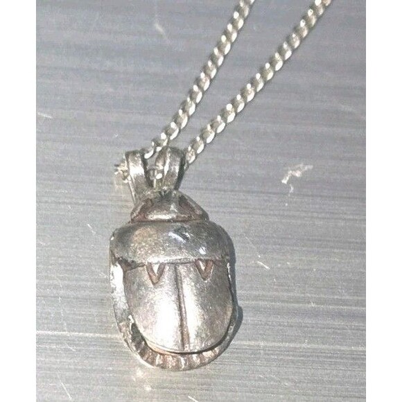 Vintage Sterling Silver Egyptian Scarab Beetle Pendant Chain Necklace 19" - Picture 3 of 11